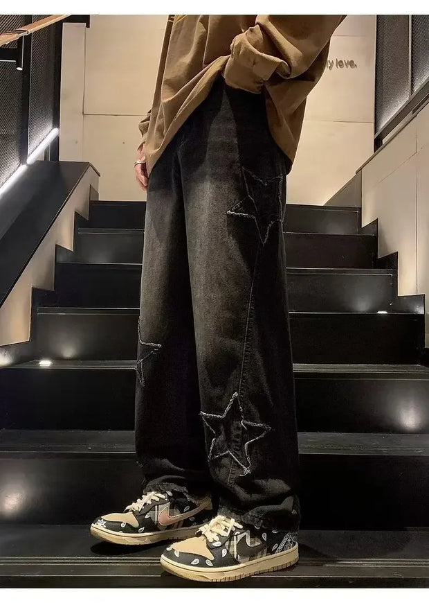 American High Street Style Men's Jeans Autumn Winter Straight Leg Loose Floor-Length Wide Leg Pants Casual Fashion