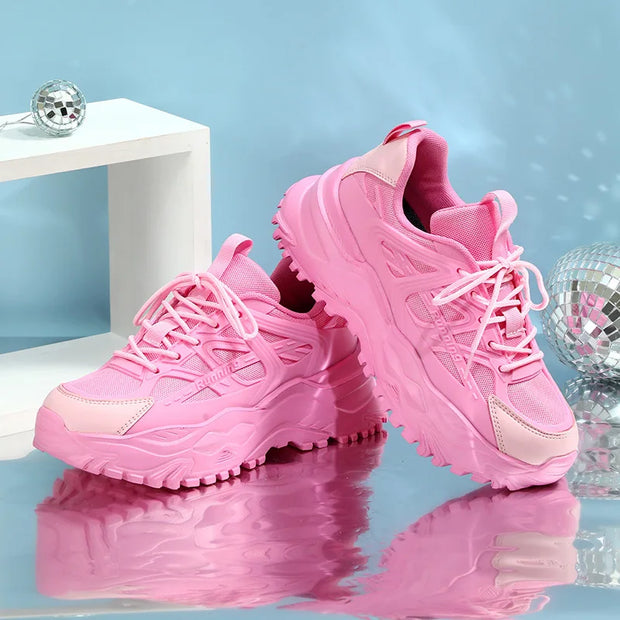 Clunky Sneaker Trend Thick Sole Mesh Surface Breathable Casual Sports Single Shoes Lace-up All Outdoor Fashion Shoes Women