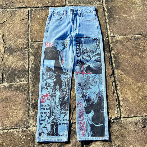 Harajuku Anime Graphic wide leg jeans High Waist Jeans Pants Women new Japanese Style Streetwear Y2K Jeans for Men Wide Trouser