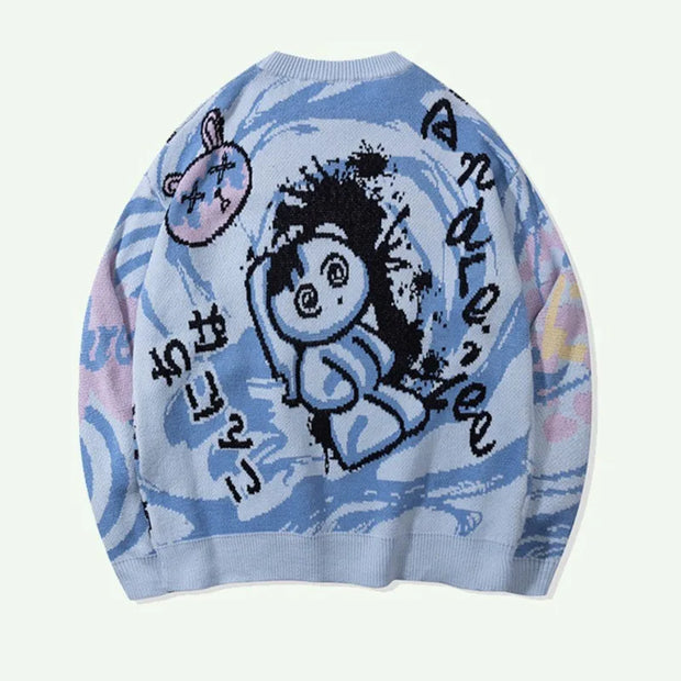 Men's China-Chic Vintage Funny Cartoon Autumn and Winter 2024 Loose Versatile Couple Round Neck Long Sleeve Knitted Sweater