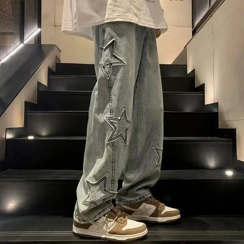 American High Street Style Men's Jeans Autumn Winter Straight Leg Loose Floor-Length Wide Leg Pants Casual Fashion