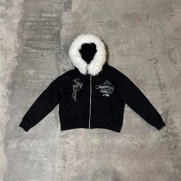 Dark Faux Fur Collar Harajuku Punk Y2K Zip up hoodie High street Skull Zipper Hoodie sweatshirt Retro Hip Hop Top Gothic Jacket