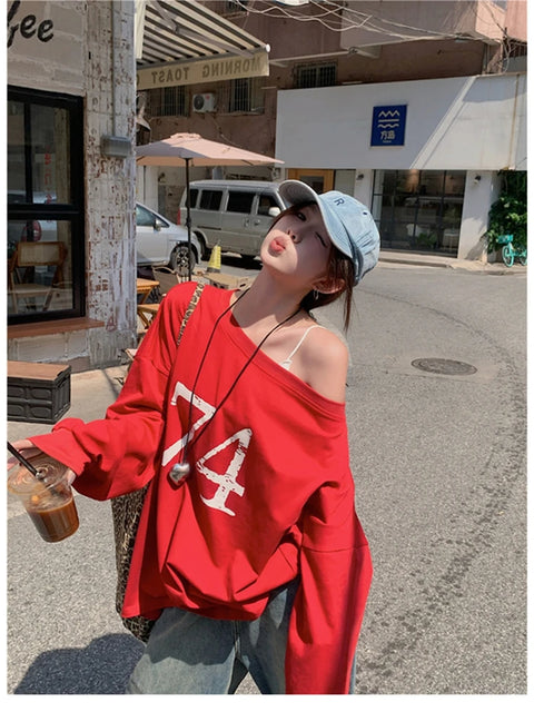 T-Shirts Women Off-shoulder Loose Fit Lazy Style All-match Young Students High Street Korean Fashion Spring Daily Tops Trendy
