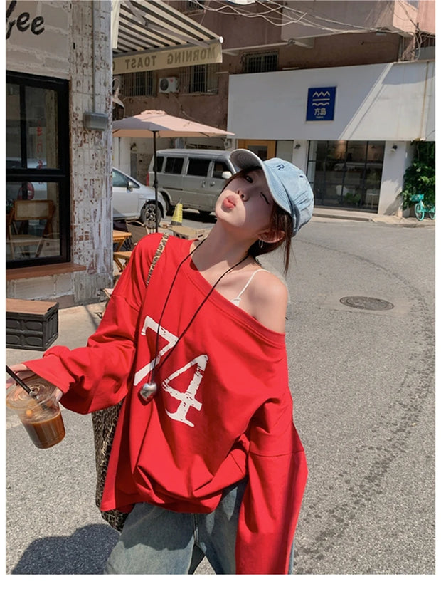 T-Shirts Women Off-shoulder Loose Fit Lazy Style All-match Young Students High Street Korean Fashion Spring Daily Tops Trendy