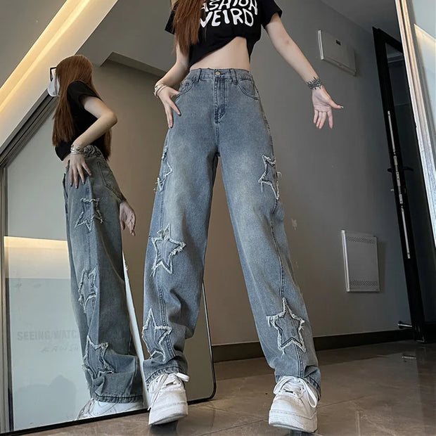 Blue Embroidered Jeans Women, Spring and Autumn New Design, Niche Loose Straight Wide-Leg Pants Trend