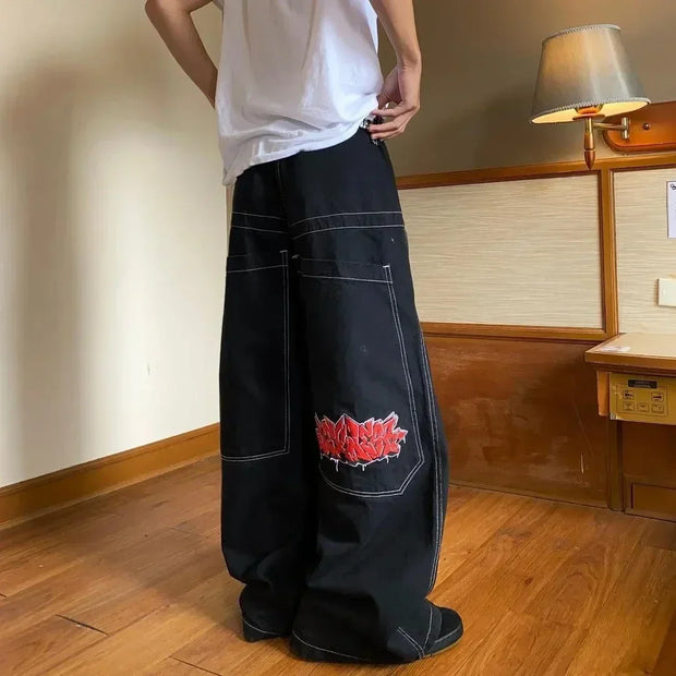 Y2K Washed Distressed Black Gray Jeans Men Women Harajuku Vintage Skull Graphic Embroidered Jeans Streetwear High Waist Trousers