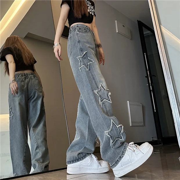 Blue Embroidered Jeans Women, Spring and Autumn New Design, Niche Loose Straight Wide-Leg Pants Trend