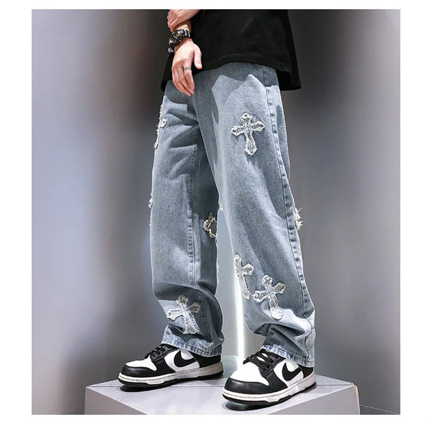 High Street Jeans Men Cross Graphic Baggy Denim Pants Unisex Young Streetwear Blue Loose Punk Casual Fashion Y2k Trousers Summer