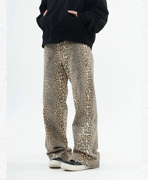 American Retro Leopard High Waist Baggy Jeans Womens Casual Pockets Hip-hop Pants 2024 Spring Y2K Oversize Panther Denim Trouser