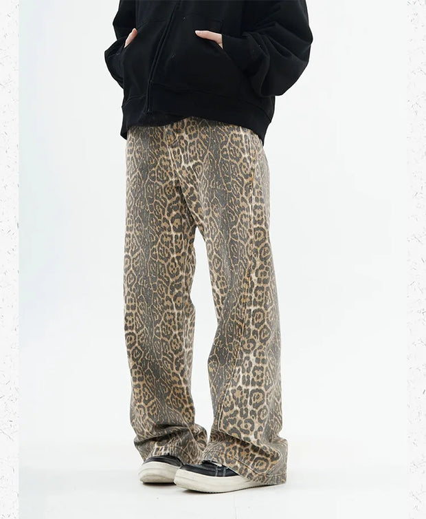 American Retro Leopard High Waist Baggy Jeans Womens Casual Pockets Hip-hop Pants 2024 Spring Y2K Oversize Panther Denim Trouser