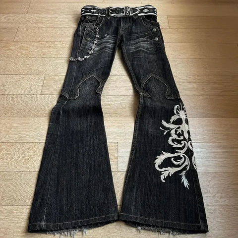 Harajuku Retro Graffiti Women's Jeans Goth Hip Hop High Waist Punk Fashion Y2K Flare Pants High Quality Design Sense Trousers