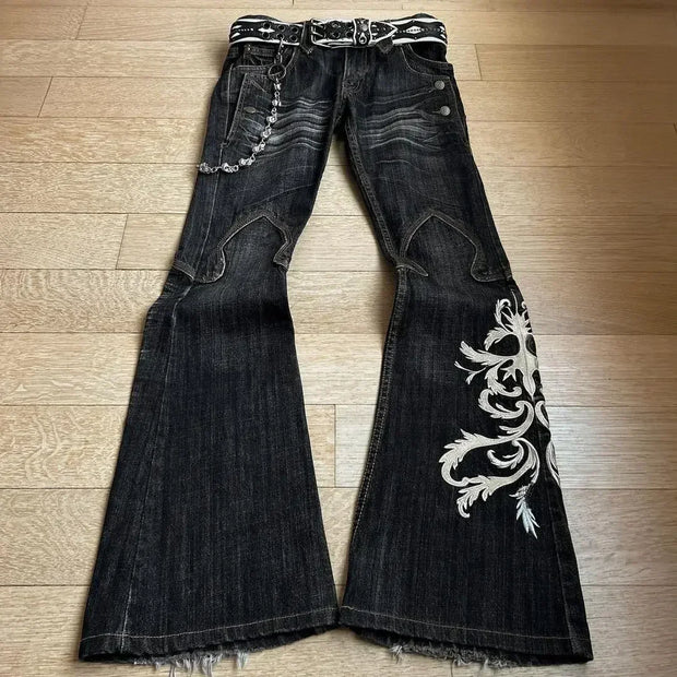 Harajuku Retro Graffiti Women's Jeans Goth Hip Hop High Waist Punk Fashion Y2K Flare Pants High Quality Design Sense Trousers