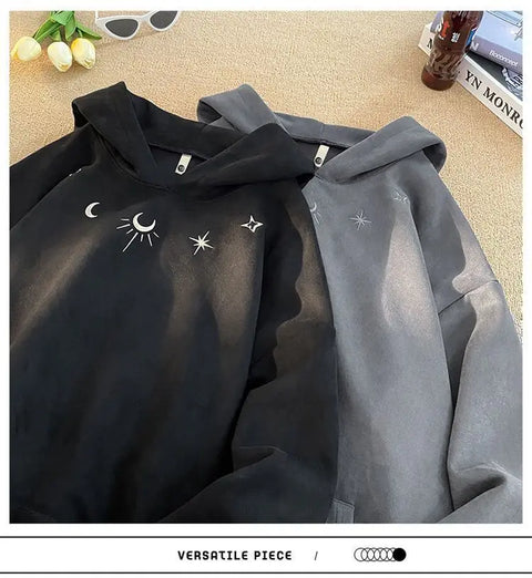 Men's hooded sweatshirt, oversized baggy sweater with Gothic star logo, American hip hop fashion sweatshirt, gray, winter
