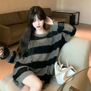 Korean Loose Hole Hollow Out Sweaters Spring Autumn Women's Clothing New Fashionable Trend Long Sleeve Striped Knitted Pullover