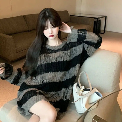 Korean Loose Hole Hollow Out Sweaters Spring Autumn Women's Clothing New Fashionable Trend Long Sleeve Striped Knitted Pullover