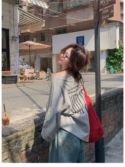 T-Shirts Women Off-shoulder Loose Fit Lazy Style All-match Young Students High Street Korean Fashion Spring Daily Tops Trendy