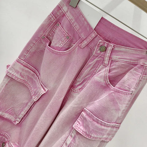 Pink Multi Pocket Overalls Jeans Female Y2K Punk Hip Hop Gothic Loose Fashion Jeans 2024 Autumn New American Retro High Street