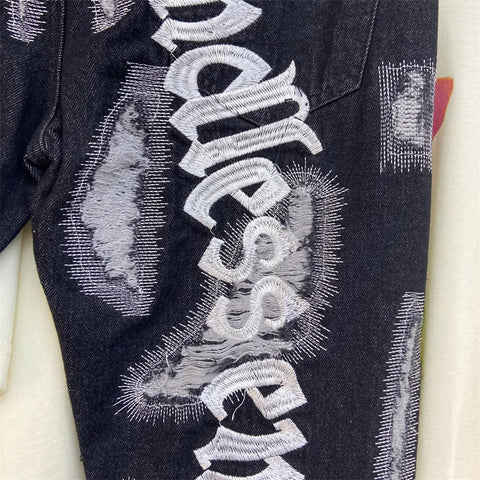 Letter Embroidery Jeans for Men High Street Gothic Style Streetwear Men Straight Baggy Causal Denim Trousers Unisex Spring