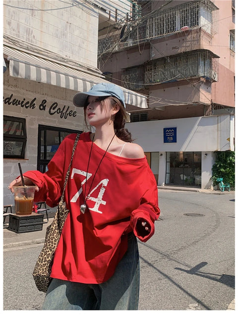 T-Shirts Women Off-shoulder Loose Fit Lazy Style All-match Young Students High Street Korean Fashion Spring Daily Tops Trendy