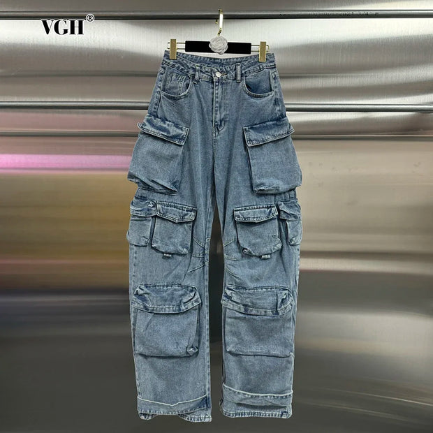 VGH Streetwear Loose Cargo Trousers for Women High Waist Spliced Pockets Washed Punk Style Wide Leg Pants Female Spring Clothes