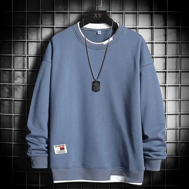 Men's Autumn Winter New Trendy Round Neck Pullover Sweatshirt Long Sleeves Casual Loose Fit Two-piece Illusion Top