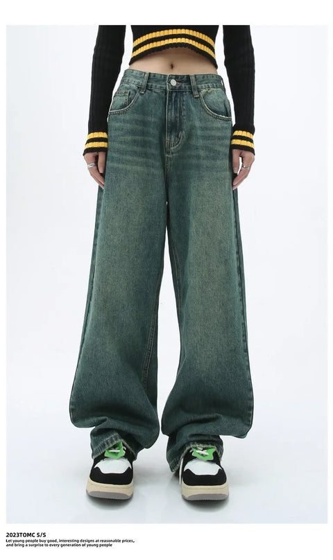 Loose Straight Leg Denim Wide Leg Pants Women's Style Washed out Vintage Colored Jeans Spring Summer Casual Female Clothing
