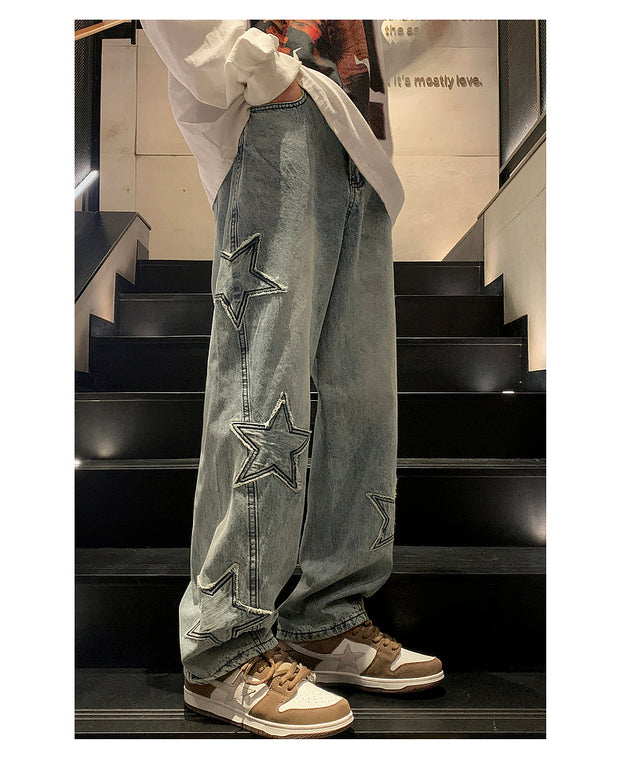 Star Embroidery Straight Casual Men Jeans Gothic Neutral New Wide Leg Loose Hip-hop Fashion Youth Streetwear Denim Trousers Y2K