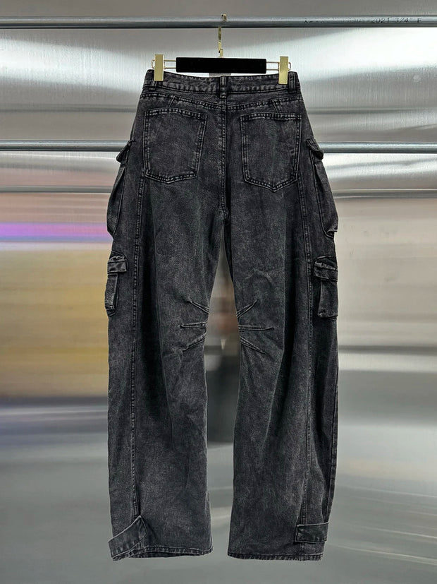 VGH Streetwear Loose Cargo Trousers for Women High Waist Spliced Pockets Washed Punk Style Wide Leg Pants Female Spring Clothes