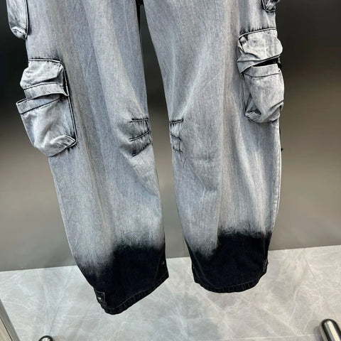 DEAT Fashion Gradient Multiple Pockets Design Jeans Women's Single Button High Waist Denim Pants 2025 Spring Female New 11XX4925