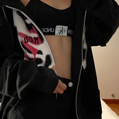 Y2K Rhinestone Cobweb Zip Up Oversized Sweatshirt 2022 Autumn Goth Hoodie Men Women Grunge Hooded Jacket Streetwear Y2K Clothing