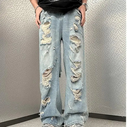 Vintage Distressed Straight-leg Jeans American Style Slimming Bell Bottoms Loose Fit High-waisted Summer Thin Version For Men