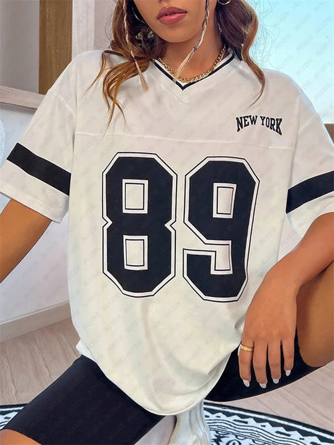 New York Number 89 TShirt For Men Women Striped V-Neck Tee Summer Oversized Harajuku Trend Short Sleeve Streetwear Tops Unisex