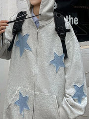 Y2k Hip Hop Women's Star Patch Zip Up Hoodie for Women Oversized Sweatshirt Jacket E-Girl 90s Pullover Gothic Streetwear
