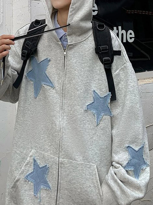 Y2k Hip Hop Women's Star Patch Zip Up Hoodie for Women Oversized Sweatshirt Jacket E-Girl 90s Pullover Gothic Streetwear