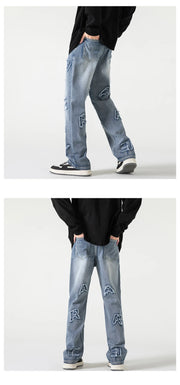 Jeans for Men Patchwork Letter Hip Hop Straight Wide Leg Fashion High Street Y2k Harajuku Do-old Popular Shopper Gradient Baggy