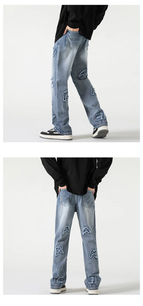 Jeans for Men Patchwork Letter Hip Hop Straight Wide Leg Fashion High Street Y2k Harajuku Do-old Popular Shopper Gradient Baggy