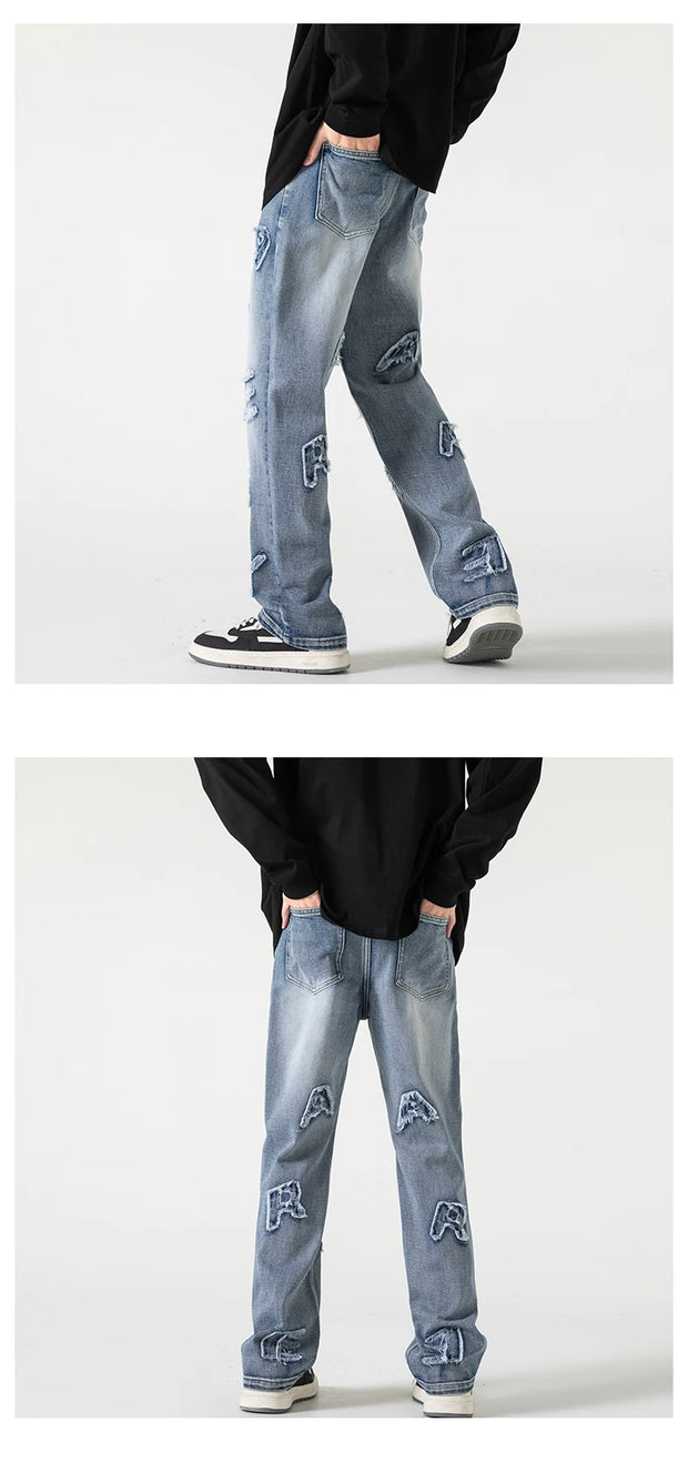 Jeans for Men Patchwork Letter Hip Hop Straight Wide Leg Fashion High Street Y2k Harajuku Do-old Popular Shopper Gradient Baggy