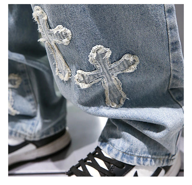 High Street Jeans Men Cross Graphic Baggy Denim Pants Unisex Young Streetwear Blue Loose Punk Casual Fashion Y2k Trousers Summer