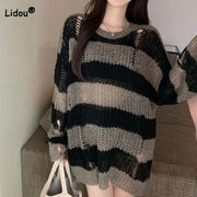 Korean Loose Hole Hollow Out Sweaters Spring Autumn Women's Clothing New Fashionable Trend Long Sleeve Striped Knitted Pullover