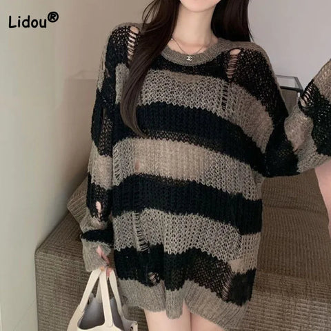 Korean Loose Hole Hollow Out Sweaters Spring Autumn Women's Clothing New Fashionable Trend Long Sleeve Striped Knitted Pullover