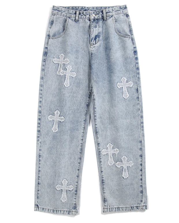 High Street Jeans Men Cross Graphic Baggy Denim Pants Unisex Young Streetwear Blue Loose Punk Casual Fashion Y2k Trousers Summer