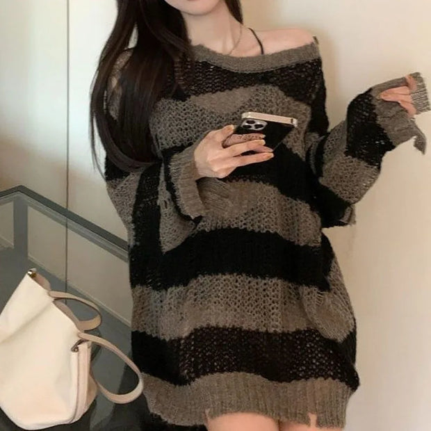 Korean Loose Hole Hollow Out Sweaters Spring Autumn Women's Clothing New Fashionable Trend Long Sleeve Striped Knitted Pullover