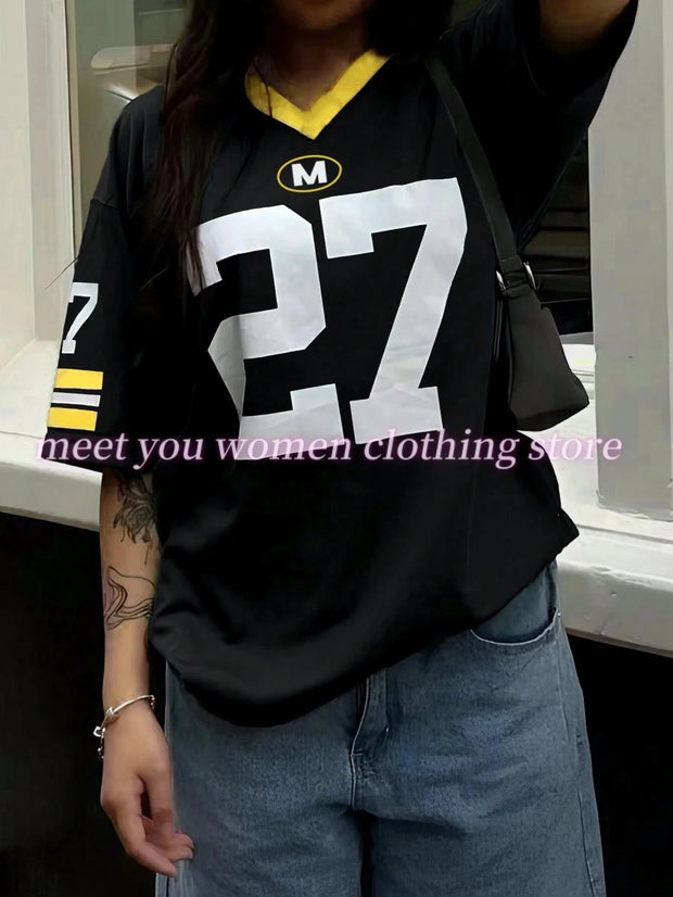 Number NO.27  Print Woman NO.36 T Shirt Girl Oversize Daily Top Female Creativity Streettshirt V-Neck T-Shirt Casual Clothes
