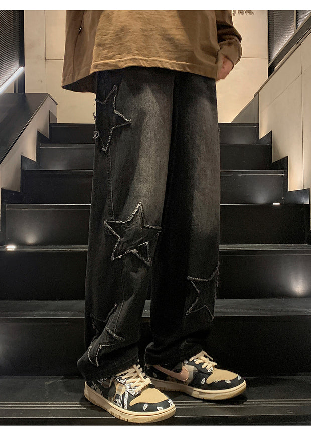 Star Embroidery Straight Casual Men Jeans Gothic Neutral New Wide Leg Loose Hip-hop Fashion Youth Streetwear Denim Trousers Y2K