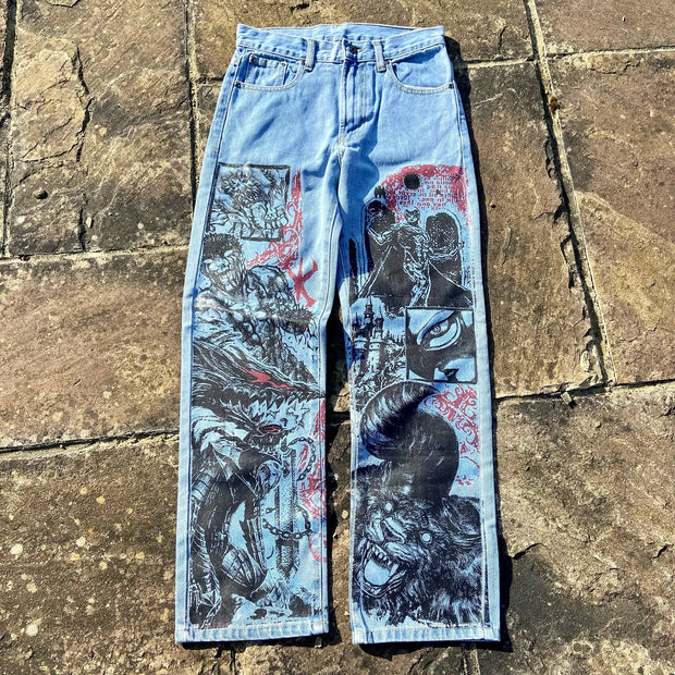 Harajuku Anime Graphic wide leg jeans High Waist Jeans Pants Women new Japanese Style Streetwear Y2K Jeans for Men Wide Trouser