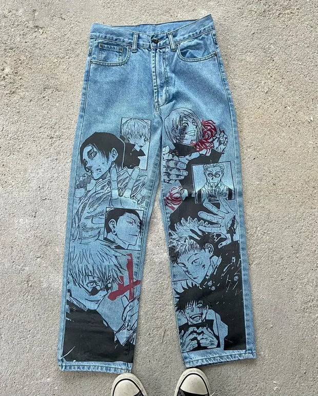 Harajuku Anime Graphic wide leg jeans High Waist Jeans Pants Women new Japanese Style Streetwear Y2K Jeans for Men Wide Trouser