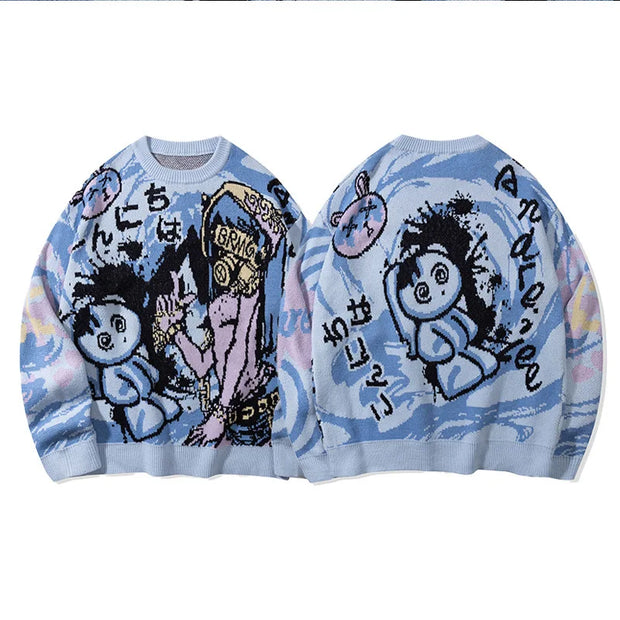 Men's China-Chic Vintage Funny Cartoon Autumn and Winter 2024 Loose Versatile Couple Round Neck Long Sleeve Knitted Sweater