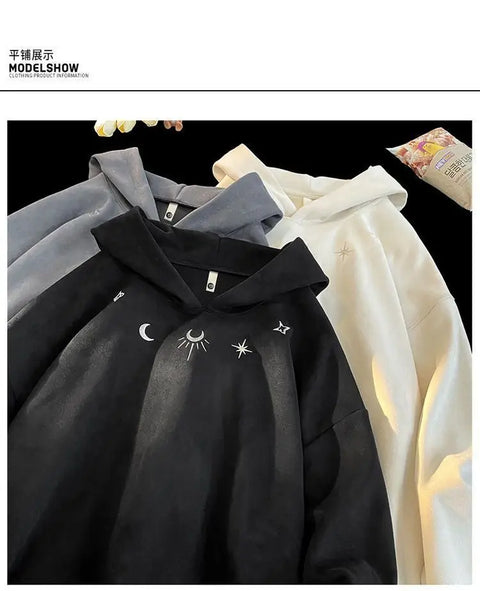 Men's hooded sweatshirt, oversized baggy sweater with Gothic star logo, American hip hop fashion sweatshirt, gray, winter