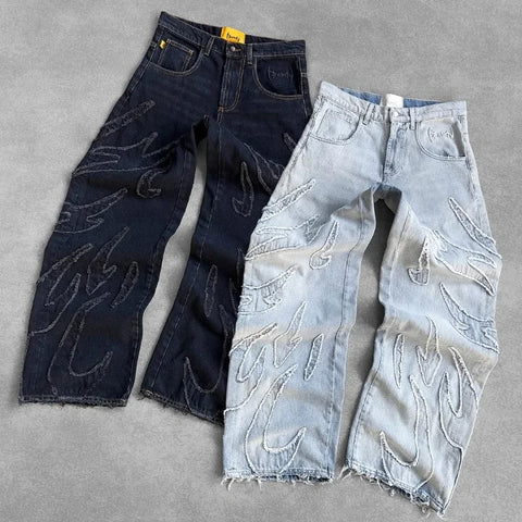 Y2K High Quality Vintage Jeans American Fashion Harajuku Flame Embroidery High Waist Wide Leg Jeans Men Women Hip Hop Streetwear