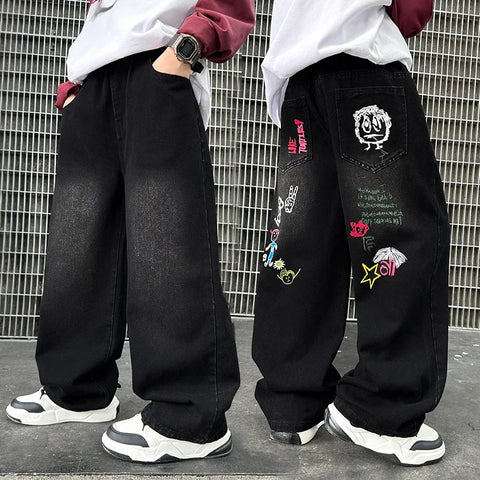 Hot Sale Kids Fashion Jeans With Cartoon For Boys Luxury Clothing Denim Pants Elegant Teenage Child Straight Fit Jeans Trousers